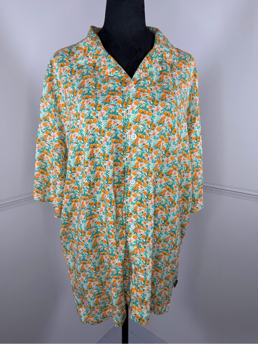 NWT Kenneth Cole Techni-Cole Printed Rayon Shirt Orange Citrus Print Size Large